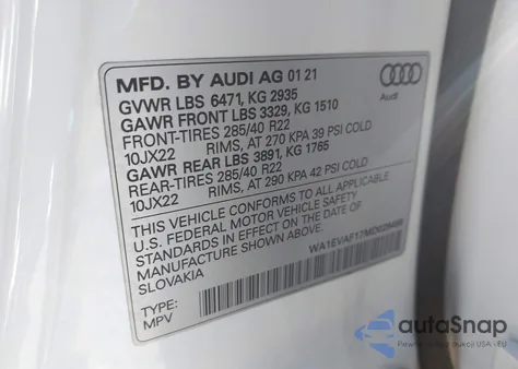 2021 Audi Q8 Premium Plus 55 Tfsi Quattro Tiptronic из США, поврежденный, VIN WA1EVAF17MD026469